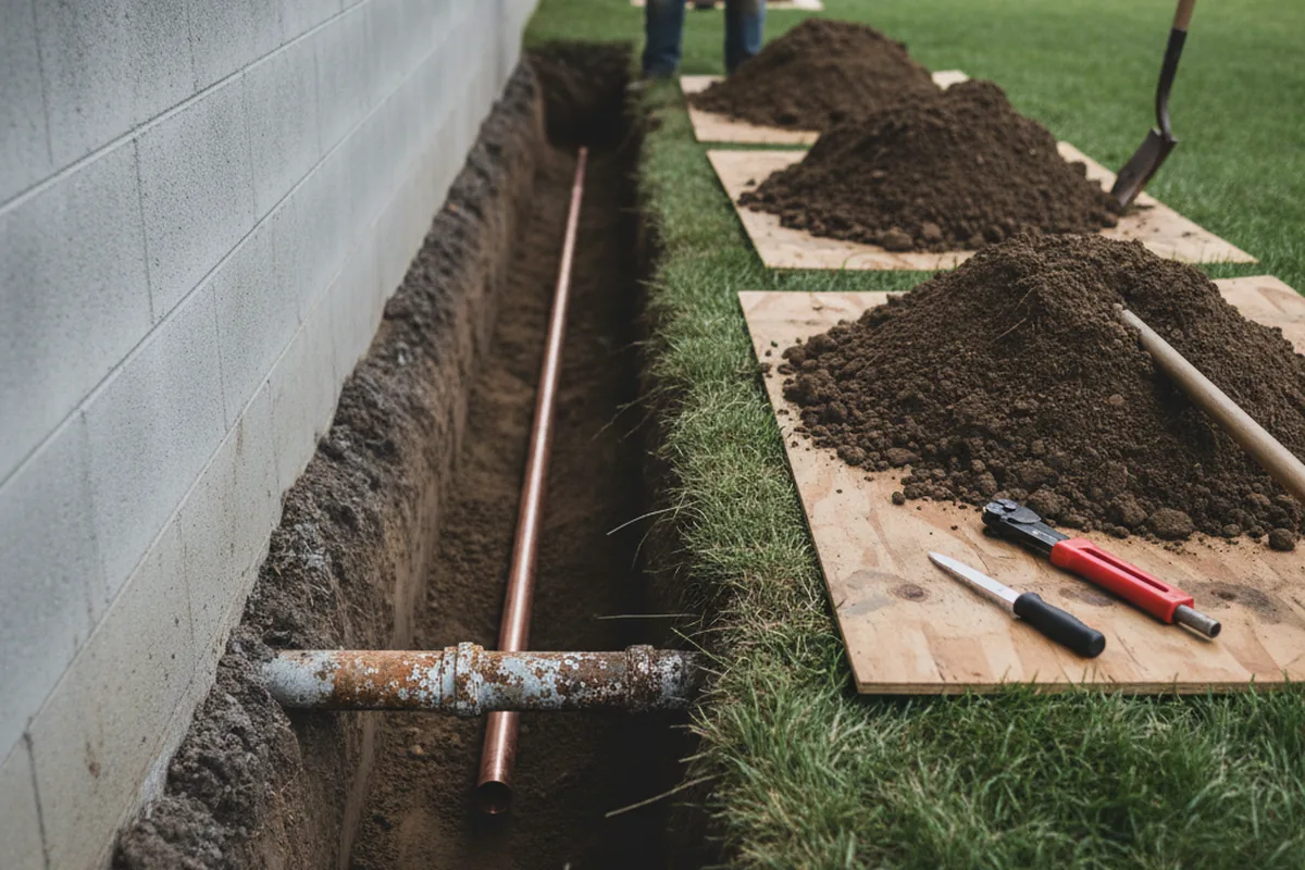 Excavated water line trench during Water Softener Installation in Wheatfield